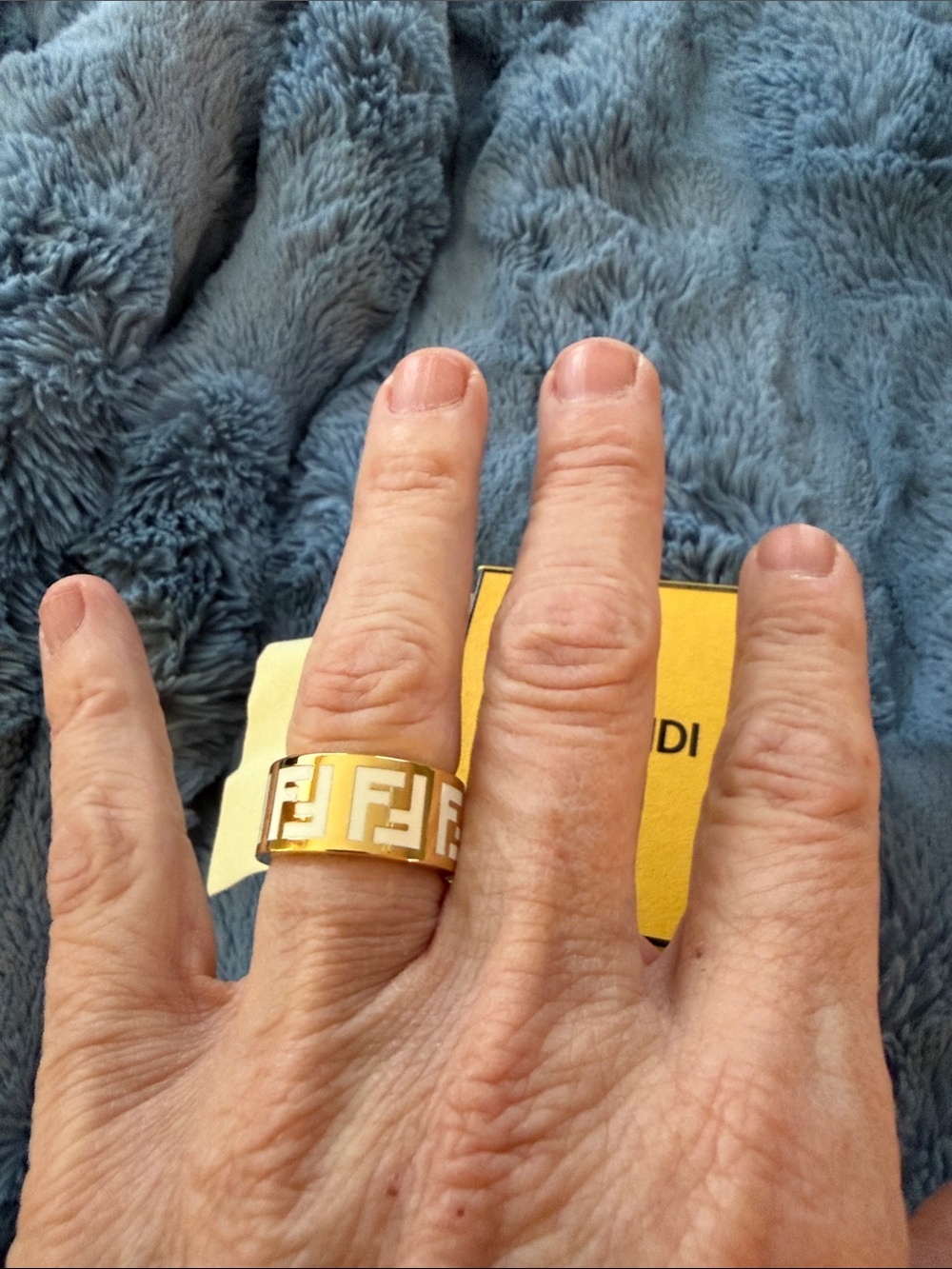 Fendi Gold-tone FF Logo Band Ring with Cutout Design authentic